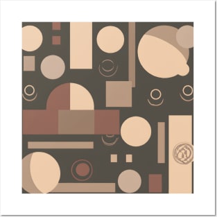 Abstract geometric shapes pattern. Triangles, circles, and rectangles in muted earth tones. Retro-inspired wallpaper design. Posters and Art